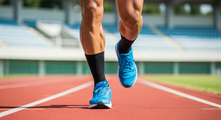 Close-up of a runner's legs and feet in blue athletic shoes, mid-stride on a red track. The image captures the dynamic motion and dedication of an athlete in a stadium setting