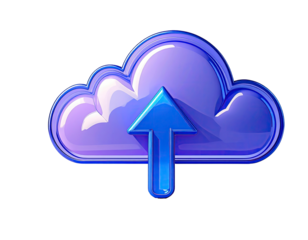 3D rendered, glossy, purple cloud icon with a blue upload arrow