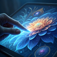 Finger touching glowing digital flower on futuristic screen