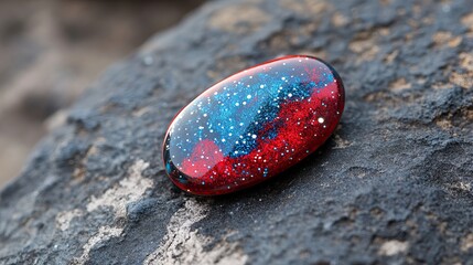 Captivating cosmic nebula gemstone rests on rugged textured stone surface, inspiring wonder