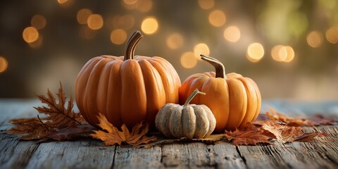 Three pumpkins surrounded by autumn leaves on a rustic wooden surface with bokeh background, concept for Thanksgiving decoration, seasonal display and harvest festival