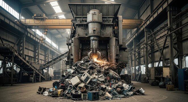 Giant Metal Claw Crushing a Scrap Pile in Industrial Setting - Powered by Adobe