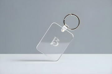 Clear Rectangular Keychain with Engraved Letter B and Silver Ring transparent acrylic