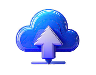 Glossy blue cloud icon with upward arrow, implying data upload