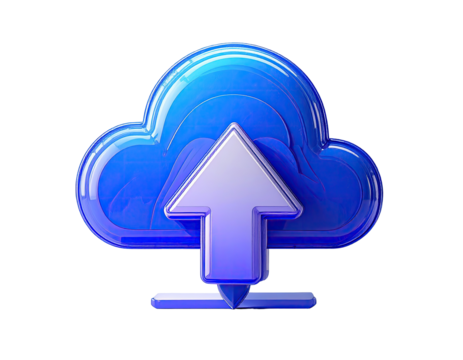 Glossy blue cloud icon with upward arrow, implying data upload