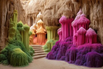 Cave formations, vibrant colors, fantastical structures