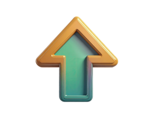 3D rendered, stylized upward-pointing arrow with a gradient color scheme of orange and teal-green