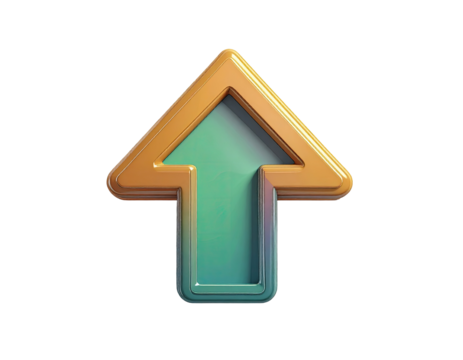 3D rendered, stylized upward-pointing arrow with a gradient color scheme of orange and teal-green