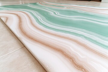 Abstract marble-patterned surface in soft mint green, beige, and white