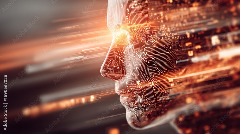 Poster a striking digital rendering portrays a human profile dissolving into intricate circuitry, symbolizi