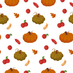 Seamless autumn pattern with pumpkins, apples, and colorful fall leaves. Seasonal harvest design perfect for Thanksgiving and festive decoration