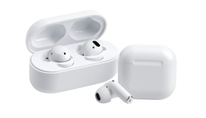 Airbuds PNG, Modern Wireless Earbuds with Charging Case, Transparent Background, Audio Illustration, Music and Technology Design