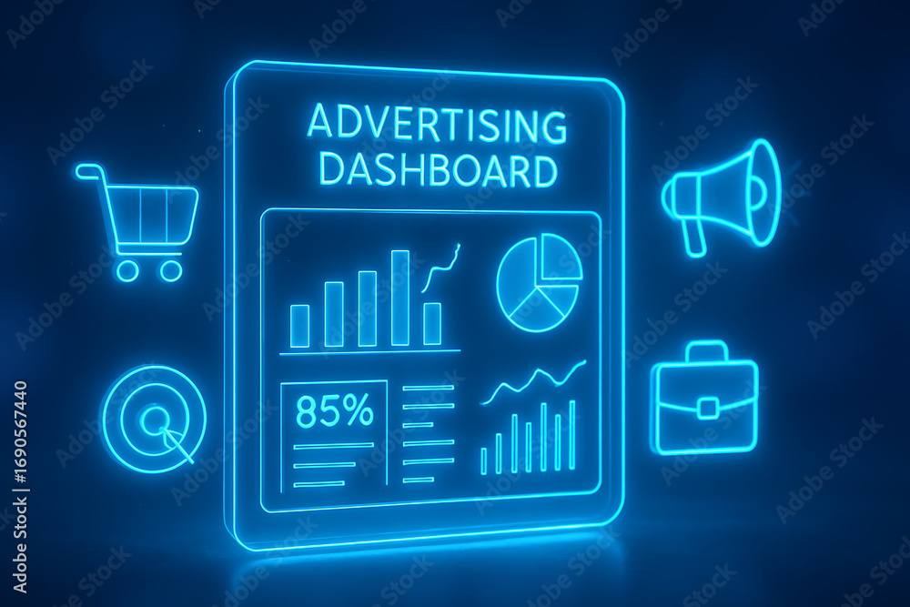 Poster a futuristic glowing advertising dashboard with a pie chart and bar graphs showing performance metri