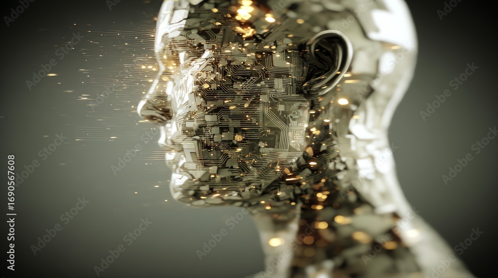 Poster a translucent human head dissolves into intricate circuitry, symbolizing the merging of consciousnes