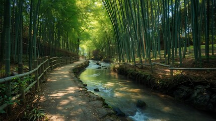 Obraz premium Lush bamboo forest trail by a stream
