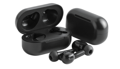 Airbuds PNG, Modern Wireless Earbuds with Charging Case, Transparent Background, Audio Illustration, Music and Technology Design