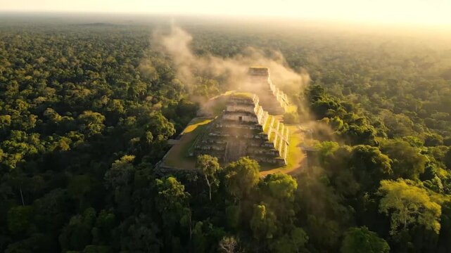 Aerial drone view of ancient ruins emerging from a lush jungle canopy at sunrise, with mist swirling around the stone structures, highlighting a lost civilization