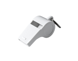 White plastic whistle with a metal key ring
