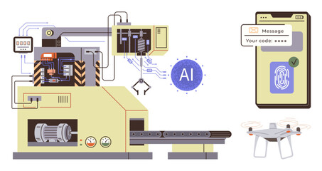 Industrial machine with circuits, AI label, smartphone with biometric authentication, and a Quadcopter. Ideal for artificial intelligence, automation, security, industry 4.0 IoT smart devices