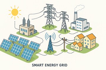 Cartoon Smart Energy Grid with Solar Panels, Power Lines, Factory and Houses