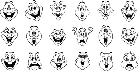 Cartoon character faces with diverse emotional expressions, funny comic emotions, happy, surprised, confused, angry, cheerful, exaggerated facial reactions, black and white line art