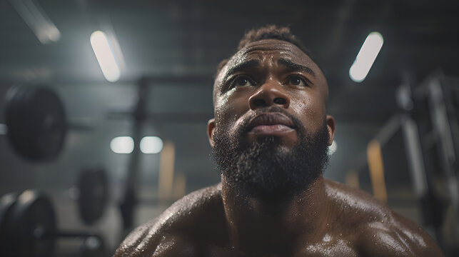 Determined athlete resting after intense workout in gym