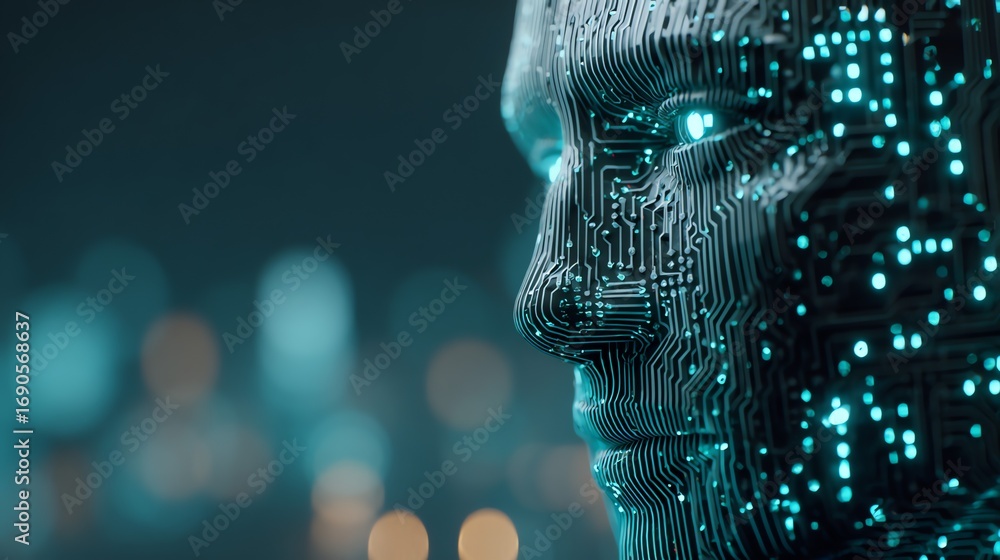 Poster a striking digital rendering portrays a human profile constructed from intricate circuit board patte