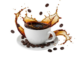 Coffee splash with beans and cup isolated on transparent background