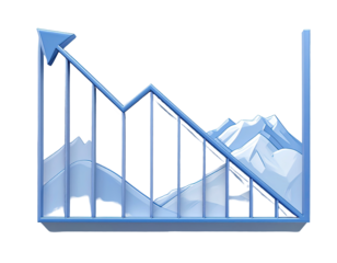A stylized, 3D graph with a rising line and a falling line. Mountains are depicted on the declining trend