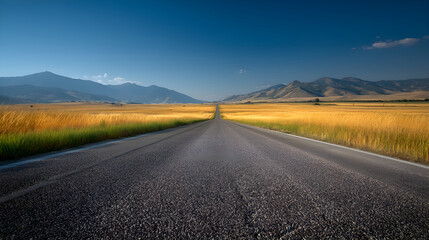 Open road leading through golden fields towards majestic mountains