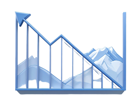 A stylized, 3D graph with a rising line and a falling line. Mountains are depicted on the declining trend