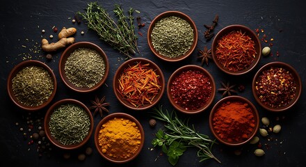 Assorted Colorful Spices in Bowls on Dark Background