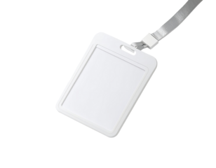 Blank white plastic ID card holder on a light gray lanyard
