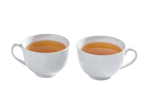 Two identical white teacups, filled with light amber-colored liquid, positioned side-by-side