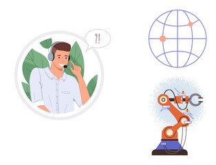 Customer service agent with headset, a globe with connection points, and a robotic arm. Ideal for communication, technology, automation, global service, innovation customer support teamwork. Simple