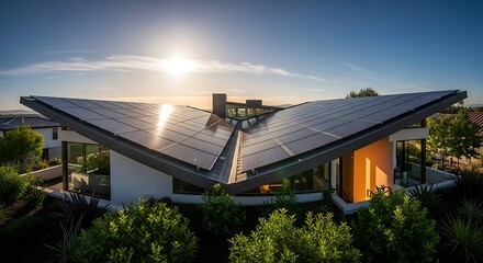 Obraz premium Aerial view of a modern house with solar panels on the roof during a sunny day at golden hour