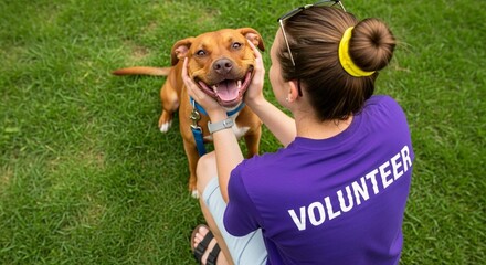Volunteer pets happy dog on grass