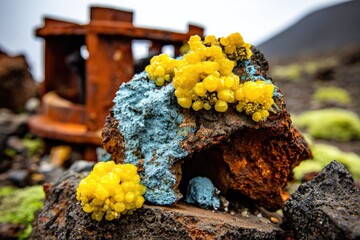 Rust-covered rock with clusters of bright yellow minerals