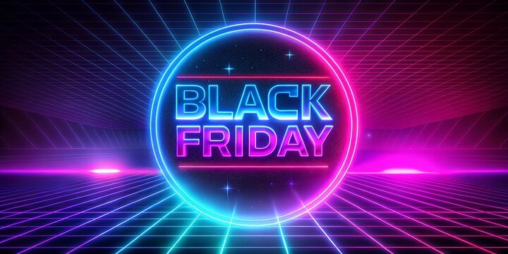 Black Friday Neon Sign with Glowing Grid Background for Sales Promotion