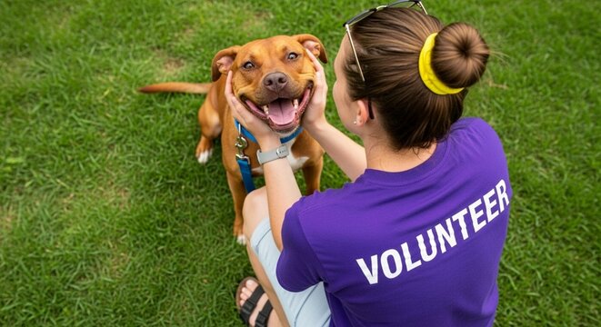  Volunteer pets happy dog on grass - Powered by Adobe