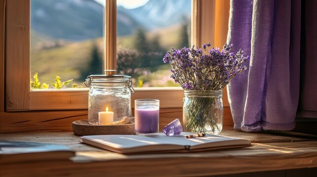 Mountain cabin windowsill with lavender, candles, and journal - Powered by Adobe