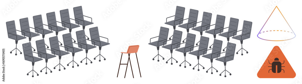 Poster rows of empty swivel chairs face a singular stool, paired with a warning triangle and cone outline. 