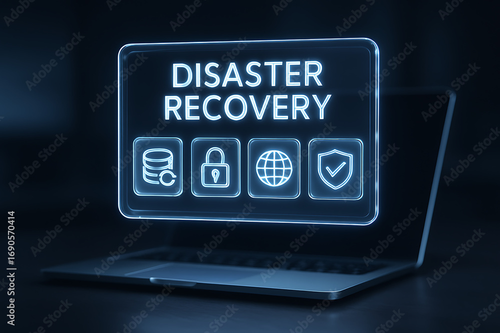 Aufkleber a laptop screen displaying a glowing disaster recovery concept with icons for data storage, security