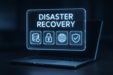 A laptop screen displaying a glowing disaster recovery concept with icons for data storage, security, global network, and a shield with a checkmark