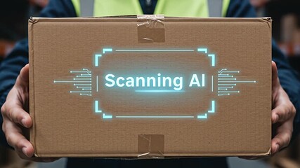 Worker holds box with AI scanning overlay in smart warehouse - Powered by Adobe