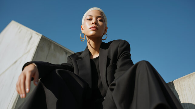 Confident Young Adult in Black Suit Exuding Power and Elegance for a Modern Fashion Editorial Shoot