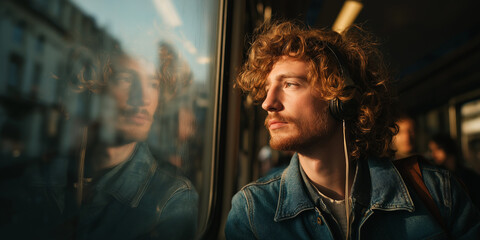 Commuter Life Contemplative Young Man with Headphones Reflected in Train Window, Soft Morning Light, Urban Journey