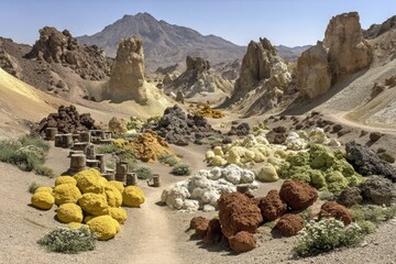 Colorful volcanic landscape with piles of minerals