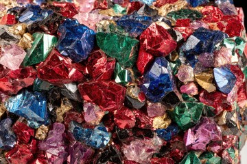 Close-up view of a colorful collection of rough gemstones