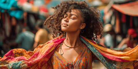 Street Performers Joyful Woman Embraces Freedom in Colorful Urban Setting